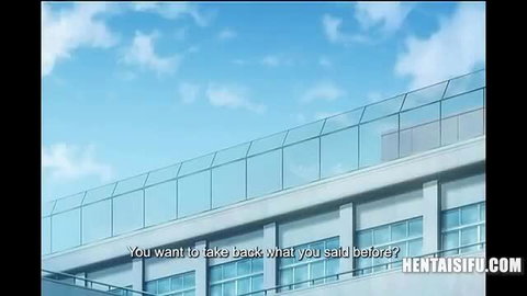 Nerdy anime cutie on rooftop, wants to take back words in hentai