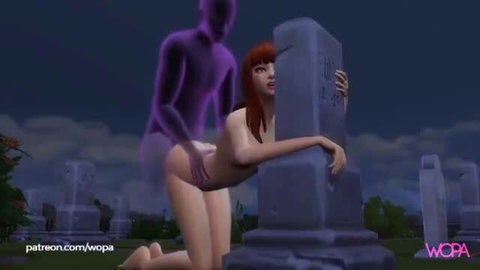 Redhead girl fucked by ghostly purple figure at cemetery gravestone