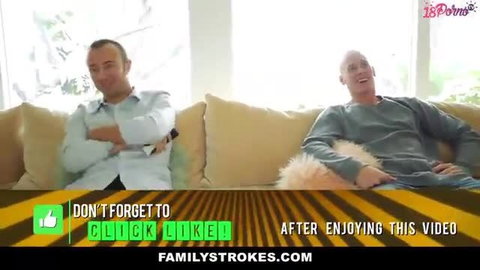 Two men on couch in surprise threesome preview for young slut