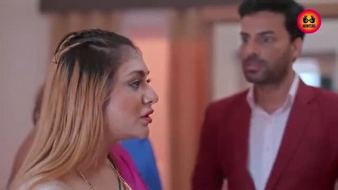 Indian couple in saree and suit tense stare, Devika hot web series thumbnail