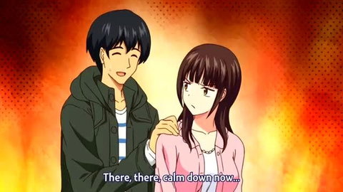 Anime guy calms emotional black-haired girl in tense moment, JAV style