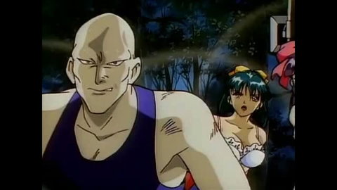 La Blue Girl vol. 4: Bald muscular man towers over busty green-haired anime girl in lingerie