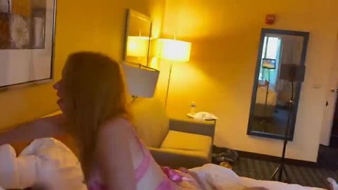 Redhead hotwife didordidnt785 in pink lingerie on bed, amateur threesome tease