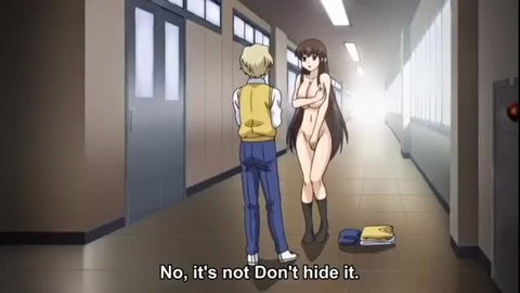 Nude anime girl with long black hair stands naked in school hallway, teased by boy
