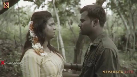 Indian beauty in saree with man in forest, hot outdoor tease