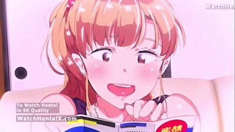 Blushing anime hentai girl with ponytail smiling excitedly on couch