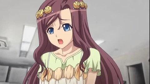 Anime hentai girl with long maroon hair, rose crown, green dress, aroused expression