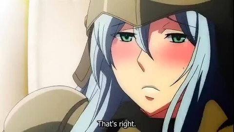 Blushing blue-haired anime girl in helmet smirks 'That's right' from Demonion Gaiden vol.1