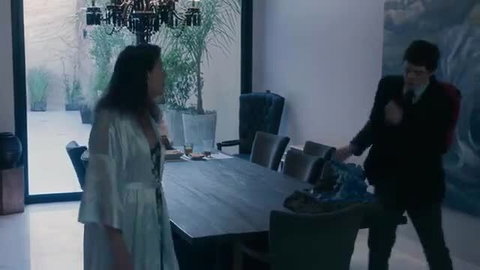 Romina Ricci in sheer robe, nude tease with man in elegant dining room