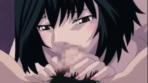 Anime hentai girl with short black hair gives close-up blowjob