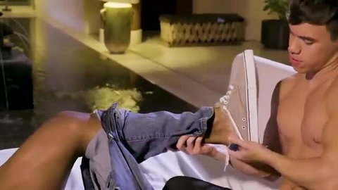 Two ripped Latino hunks in jeans foot play, Lucas Ent.