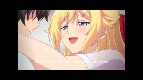Blonde anime hentai girl with blue eyes smiling in Mankitsu Happening ep 3