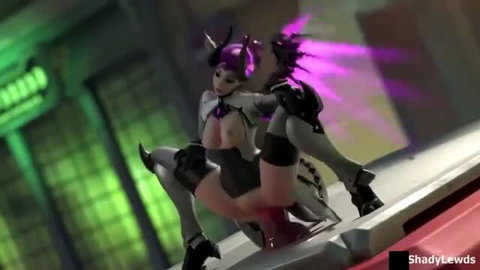 Sexy purple Overwatch D.Va cosplay in erotic 3D hentai squat pose