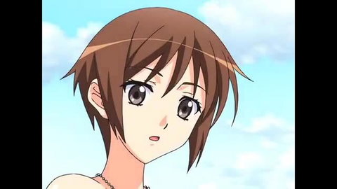 Anime girl with short brown hair, surprised expression, topless outdoor scene