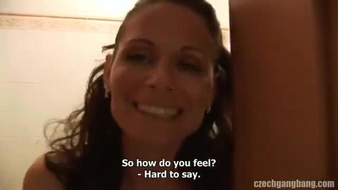 Hunter smiles at camera in gangbang, hard to say how she feels