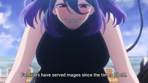 Purple-haired anime mage girl with red eye smiling in black dress hentai thumbnail