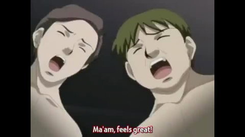 Anime milf and green-haired guy screaming in ecstasy, ma'am feels great