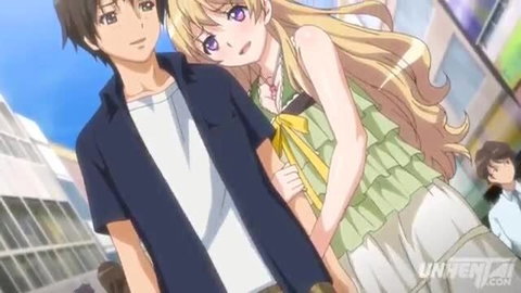 Anime couple in tight embrace, blonde beauty hugs handsome guy outdoors