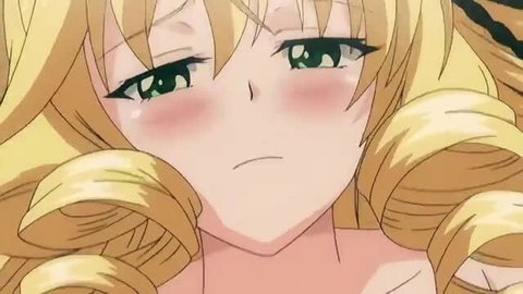 Blonde anime girl with green eyes, blushing ahegao face in JAV harem exam