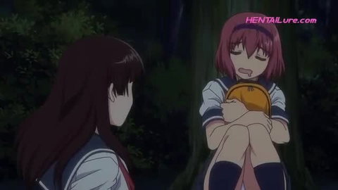 Two cute Japanese schoolgirls in woods, one hugging knees scared, hentai style
