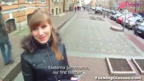 Ekaterina Semenovna, hot redhead teacher in leather jacket on street