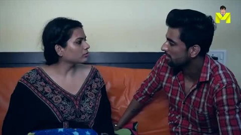Indian couple in intimate talk, busty teacher in black dress with guy on couch