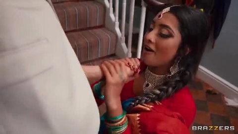 Yasmina Khan Indian beauty in red sari gives footjob on stairs