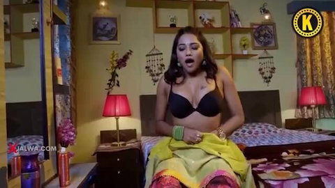 Indian bhabhi in black bra and saree exposing cleavage, hot web series