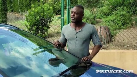 Black stud talking outdoors by car, Kira Queen outdoor fuck scene