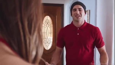Hot guy in red polo and beanie embraces busty brunette at door in My Sinful Valentine