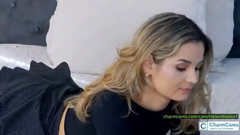 Helen Waldorf blonde cam girl bedtime tease in black top skirt lift