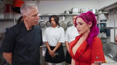 Lily Lou in red dress with chef in kitchen - Five Star Anal Fuck