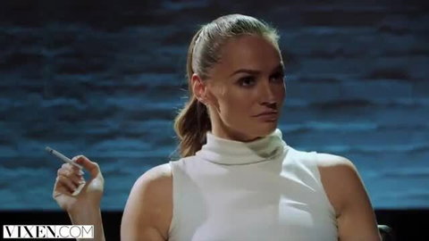 Tori Black smoking seductively in white turtleneck top
