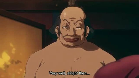 Bald sumo wrestler says 'Very well alright then' in JAV scene
