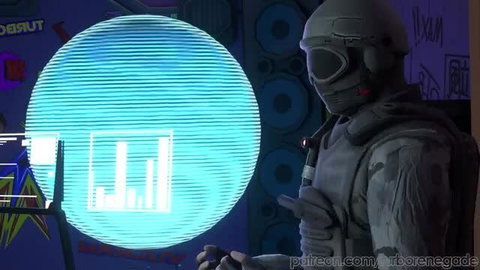 Masked soldier in tactical gear poses by holographic chart in cyberpunk scene