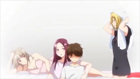 Mysterious Milf Tamariba with 3 anime girls & boy in hentai tease