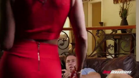 Hot MILF in tight red dress teases stepson from behind