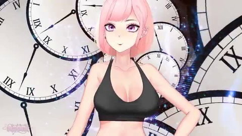 Pink-haired anime hentai girl in tight black crop top with clocks, teasing pose