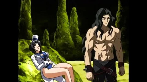 Sexy nurse in lingerie lounges seductively with muscular long-haired hunk in dark fantasy scene