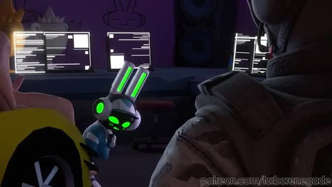 Futuristic bunny girl robot in sci-fi lab with armored soldier