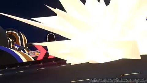Explosive neon race track scene from A Race Called The Race adult video