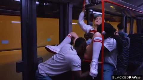 Blonde Emily Cutie gangbanged by two BBCs on bus MMF threesome
