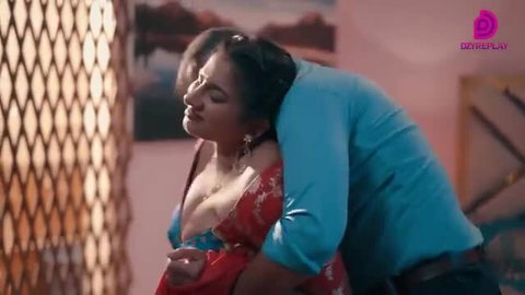 Lustful Indian MILF in red saree blouse embraced intimately from behind