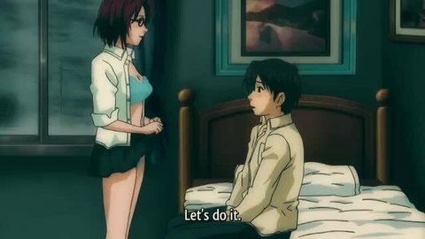 Anime step-sister in lingerie seduces guy on bed, JAV hentai style