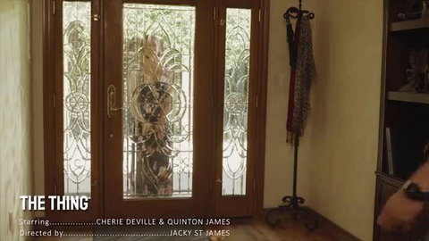 Cherie DeVille in elegant dress at door, The Thing adult scene