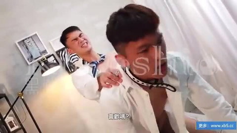 Two handsome Asian guys in suits, one fingering the other's mouth intimately
