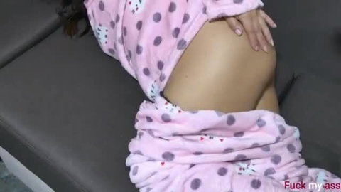 Latina in pink polka dot PJs grabs juicy ass, begs fuck my ass