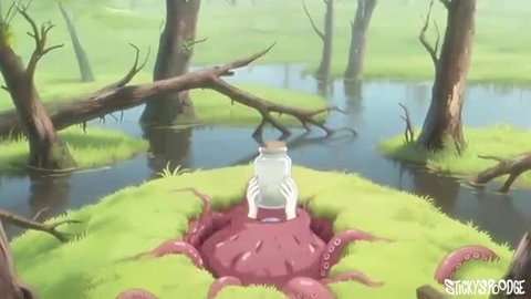 Anime girl holds jar over giant pink tentacle pussy in swamp, Tenta time vol.1 ep1