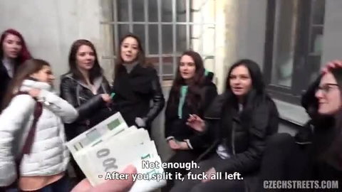 Nathalia and hot Czech girls count cash on Czech Streets, Nathalia solo