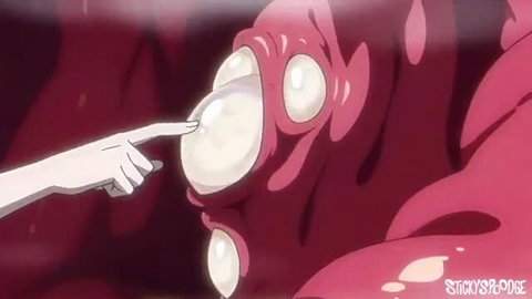 Anime girl poking giant tentacle pussy with white egg orbs in hentai scene